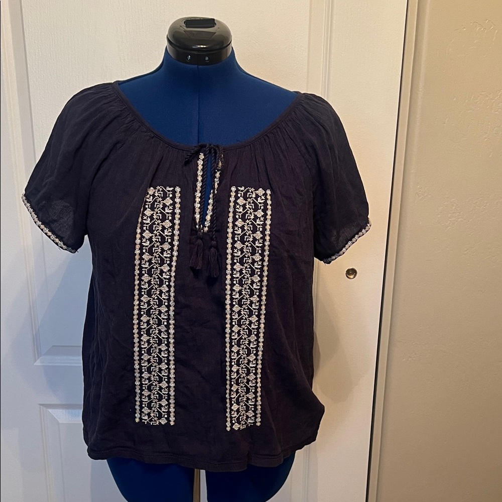 Lucky Brand Dark Blue Blouse with White Embroidery